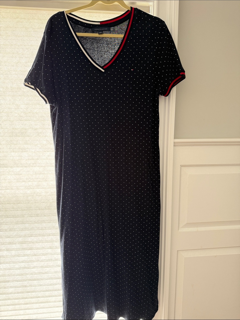 Tommy Hilfiger Black Polka Dot V-Neck Midi Dress with Red & White Trim